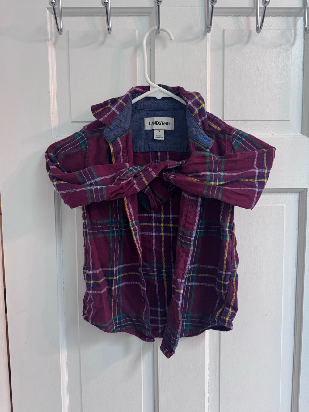 🎱 Lands' End Kids Burgundy Plaid Button-Down Shirt with Green & Yellow Accents